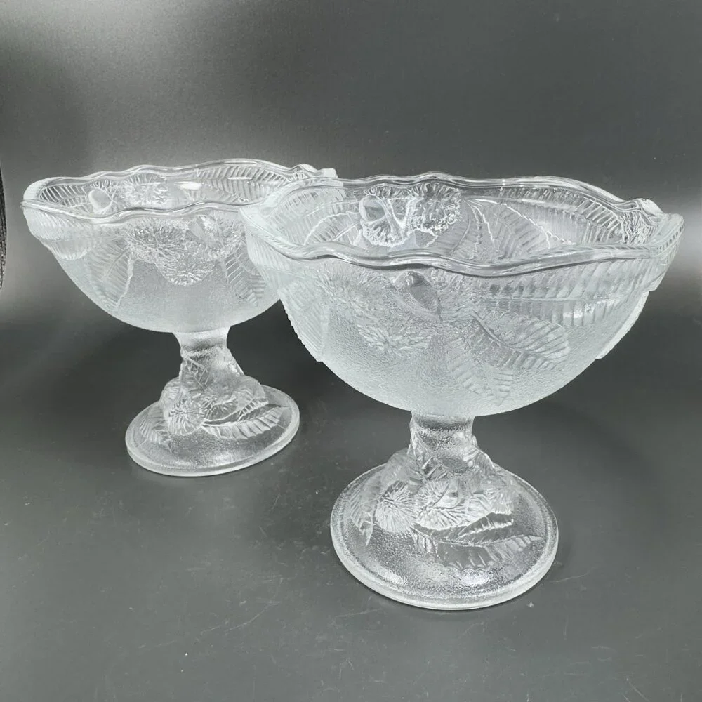 Luminarc Embossed Fruit Glass Footed Dishes Dessert Bowl France Set 2‎ Clear VTG